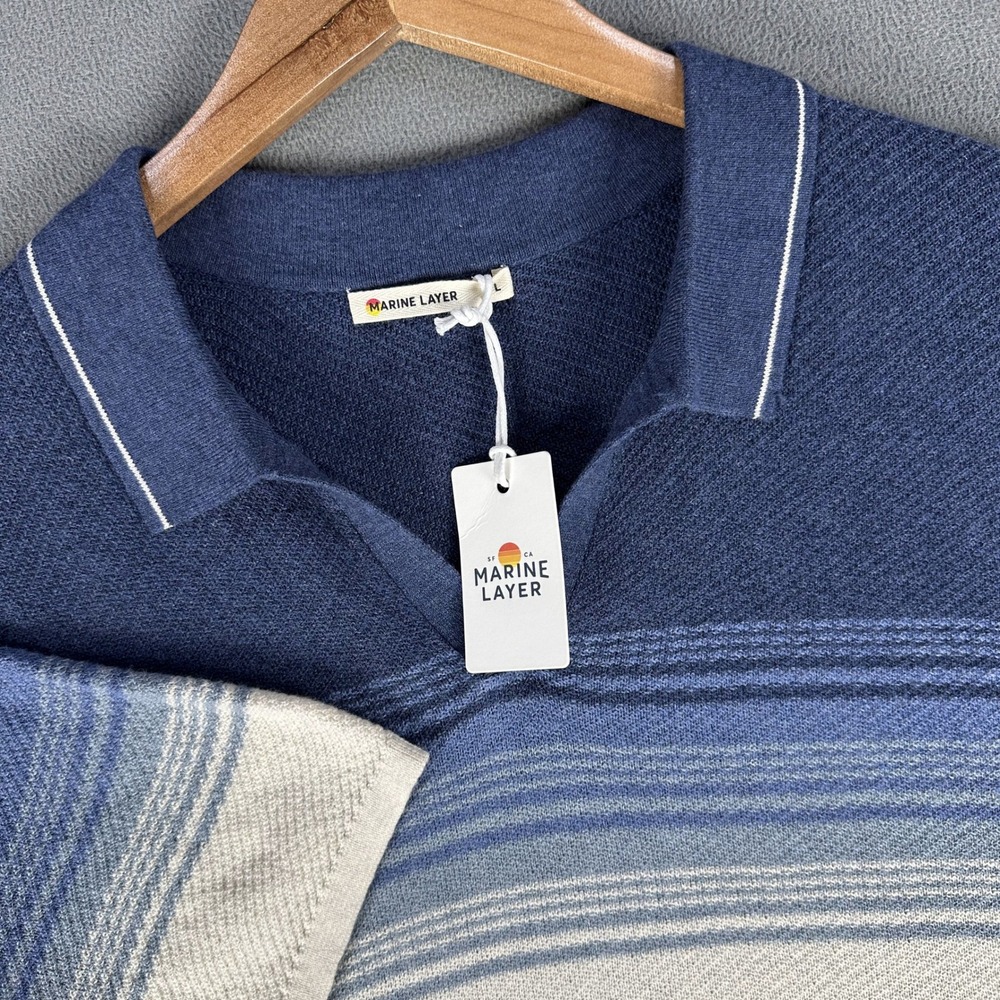 Marine Layer Greyson Sweater Polo Shirt Mens Large Beige Blue Johnny Collar New